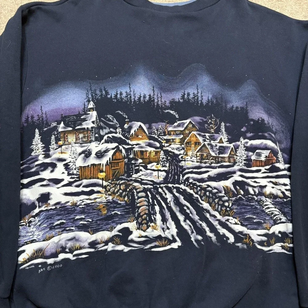 Vtg Winter Village AOP Sweatshirt Mens 2XL Blue Henley Christmas Snow Scene Cozy